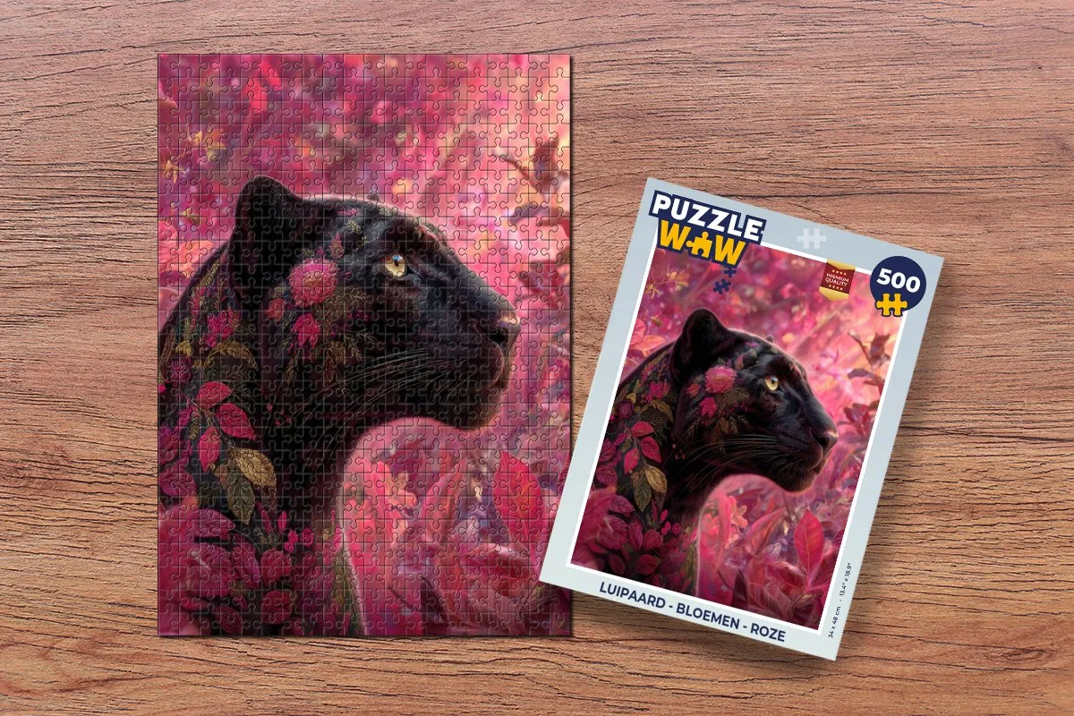 PuzzleWow Luipaard - Bloemen Legpuzzel 500 Stuks - Roze