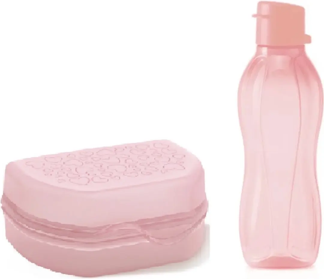 Tupperware lunchdoos hartjes + ecofles 500ml roze