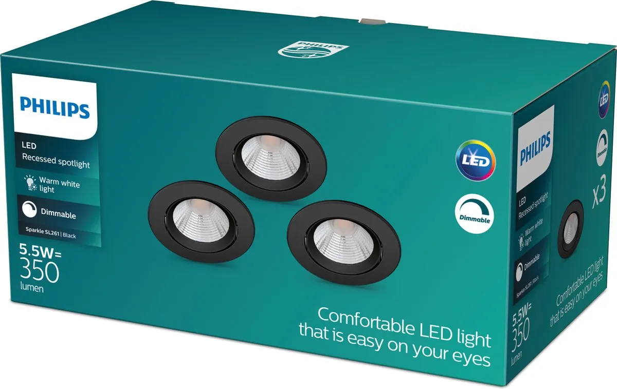 Philips Sparkle Inbouwspot 5.5W Warmwit - 3 Stuks Zwart