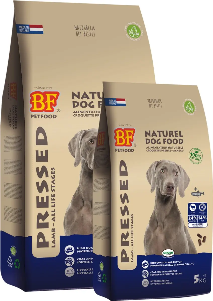 BF Petfood Lam rijst geperst 13.5 kg met kluifjes graan/ glutenvrij 500 gram