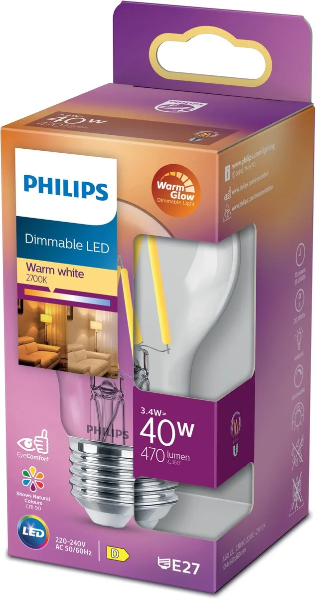 Philips LED Transparante Lamp 40W E27 - Warmwit 2700K