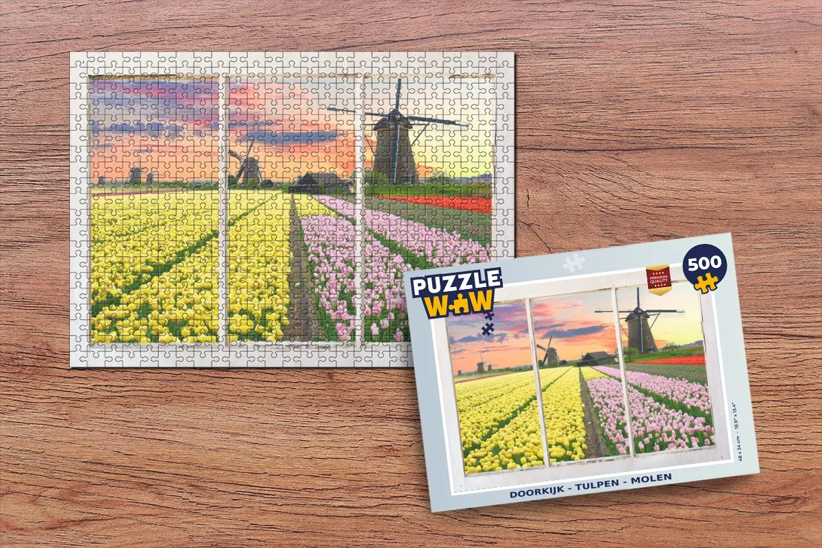 PuzzleWow Doorkijk Tulpen Molen Legpuzzel 500 Stuks - Multicolor