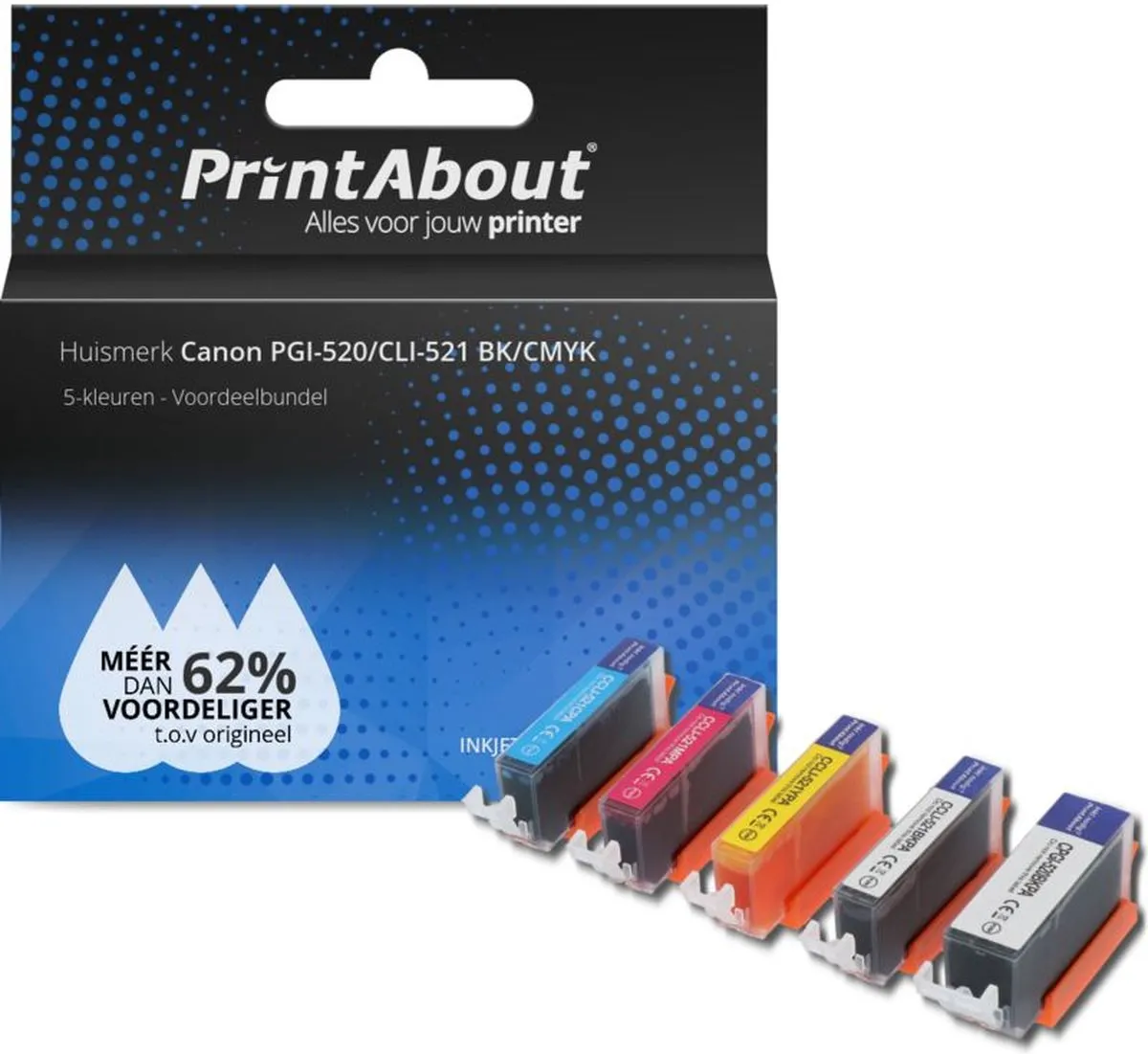 PrintAbout Inktcartridge PGI-520/CLI-521 BK/CMYK-PA2 - 5 Kleuren - 75ml - o.a. Canon PIXMA