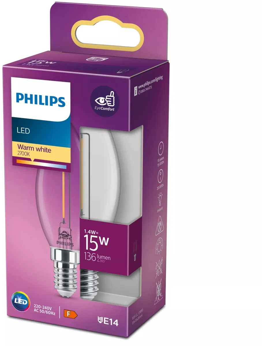 Philips LED Kaarslamp E14 Warmwit 15W Helder glas