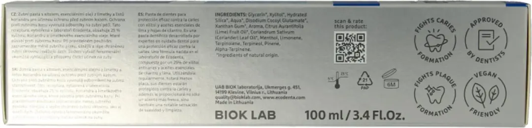 Ecodenta Tandpasta Caries 100ml - Xylitol/Koriander/Limoen