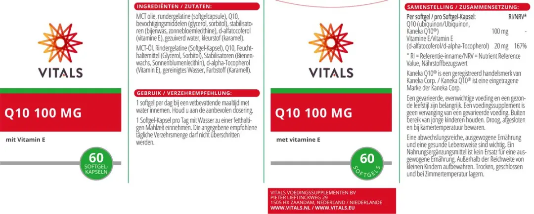 Vitals Q10 100mg Softgels - 60 Stuks - afbeelding 3 van 6