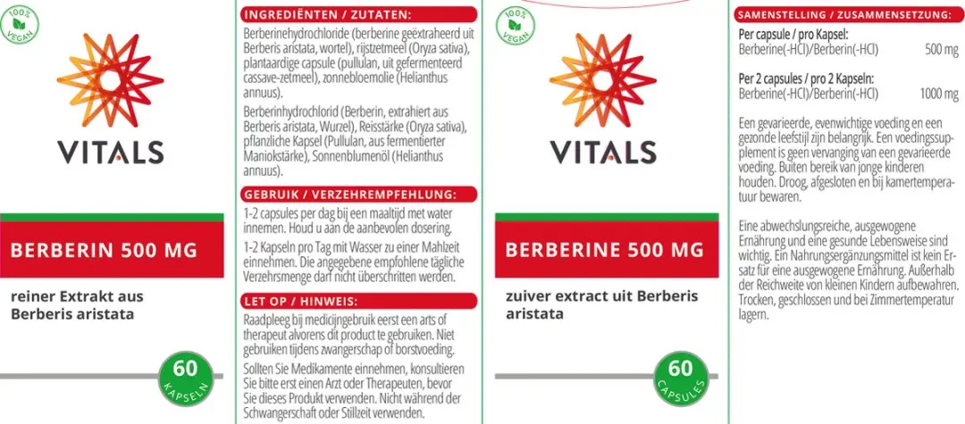 Vitals Berberine 500mg - 60 Capsules - afbeelding 3 van 6