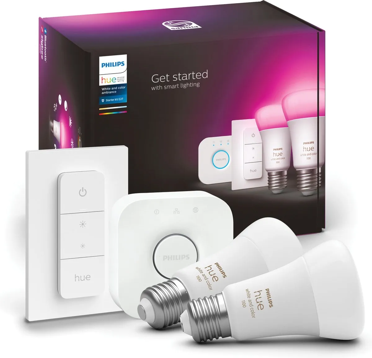 Philips Hue Starterpakket E27 RGBW 11W - 2 Lampen + Bridge + Dimmer - Mat - afbeelding 6 van 6