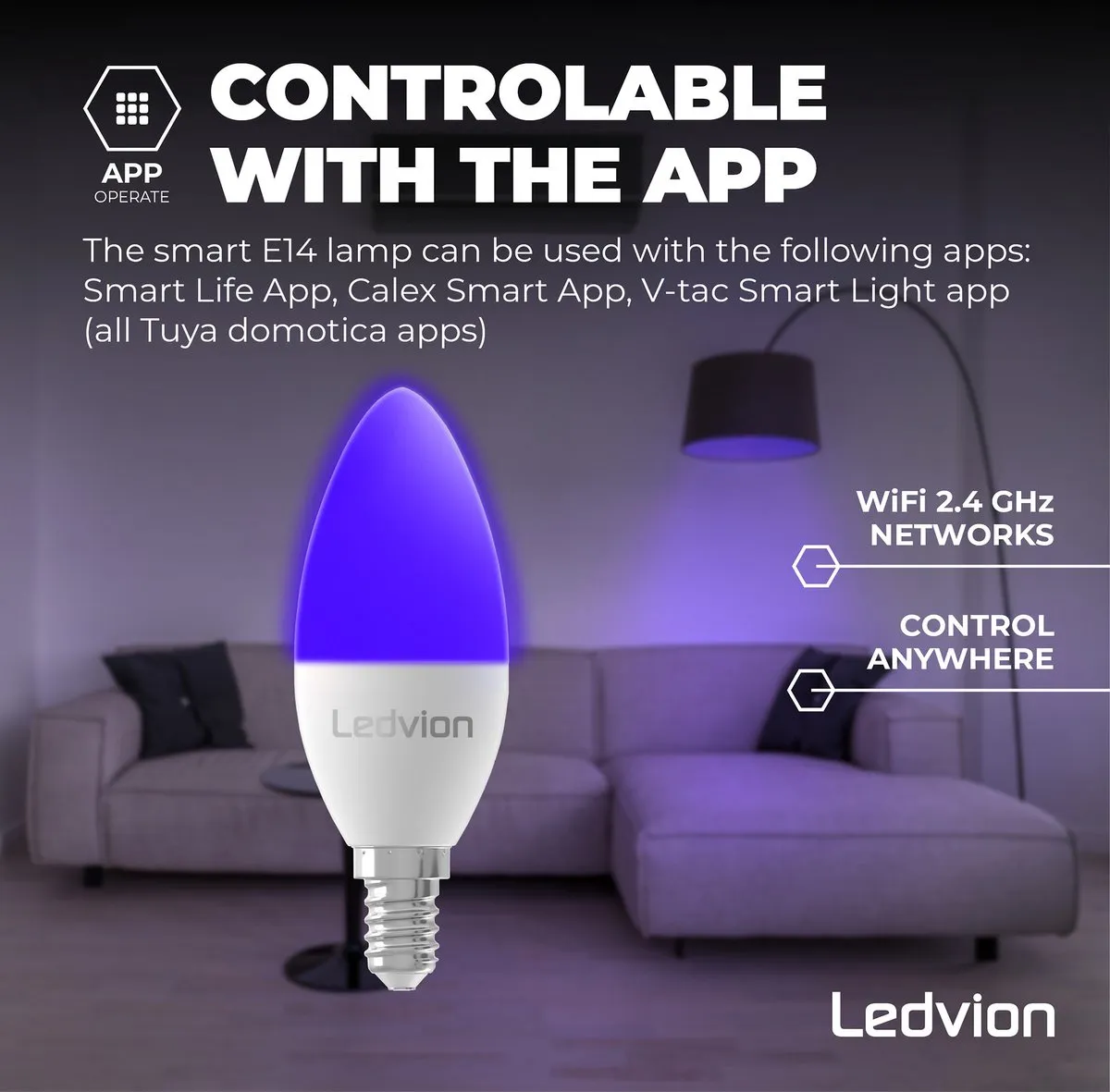 LEDVION 2x Smart RGB+CCT E14 LED Lamp 5W - Wifi - Alexa & Google Home