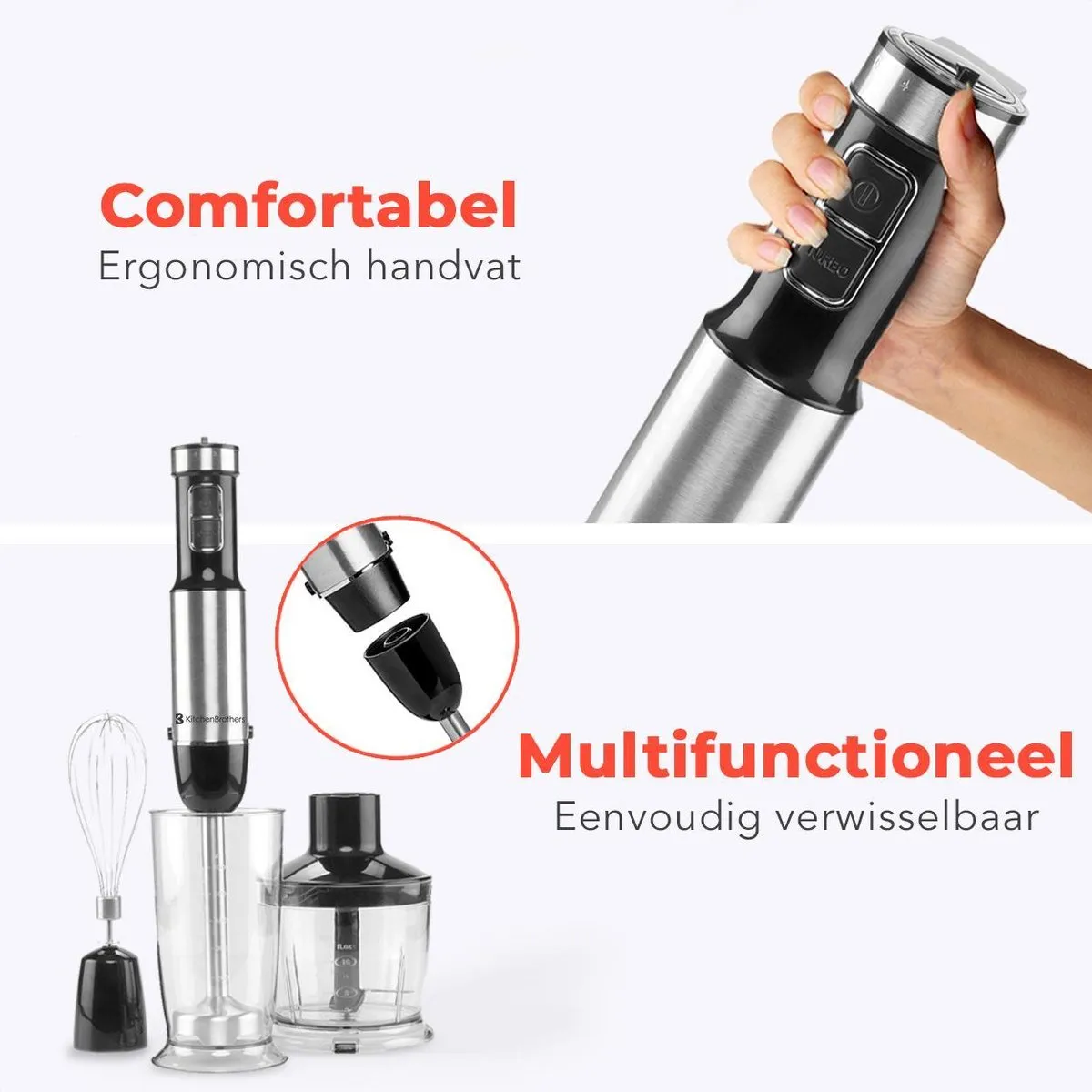 KitchenBrothers KB701 Staafmixer Set 800W - 6 Snelheden - 4-in-1 - Zwart