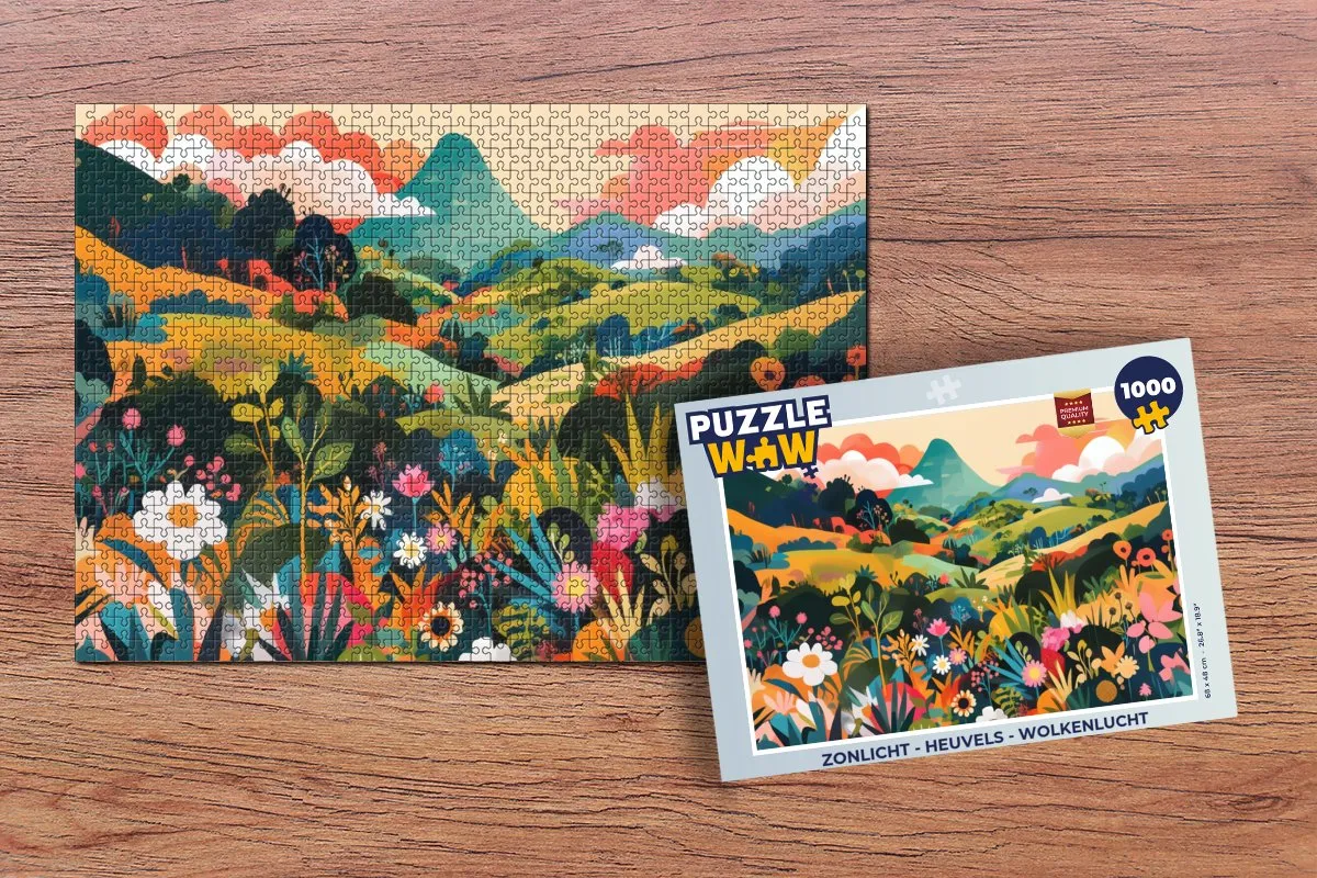 PuzzleWow Legpuzzel 1000 Stuks - Heuvels Bloemen Wolken