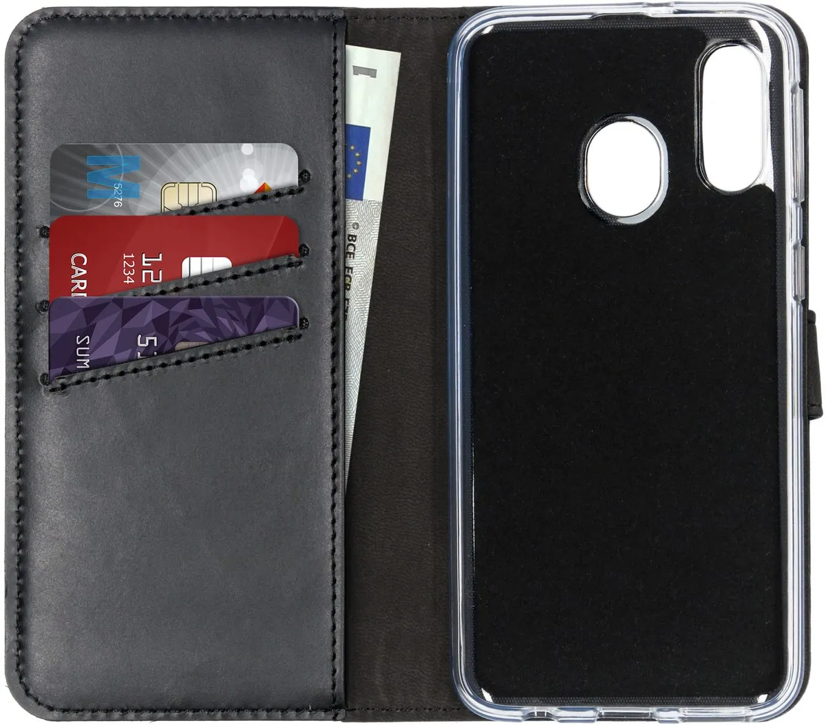 Selencia Hoesje Samsung Galaxy A40 - Echt Lederen Bookcase - 3 Pasjes - Zwart