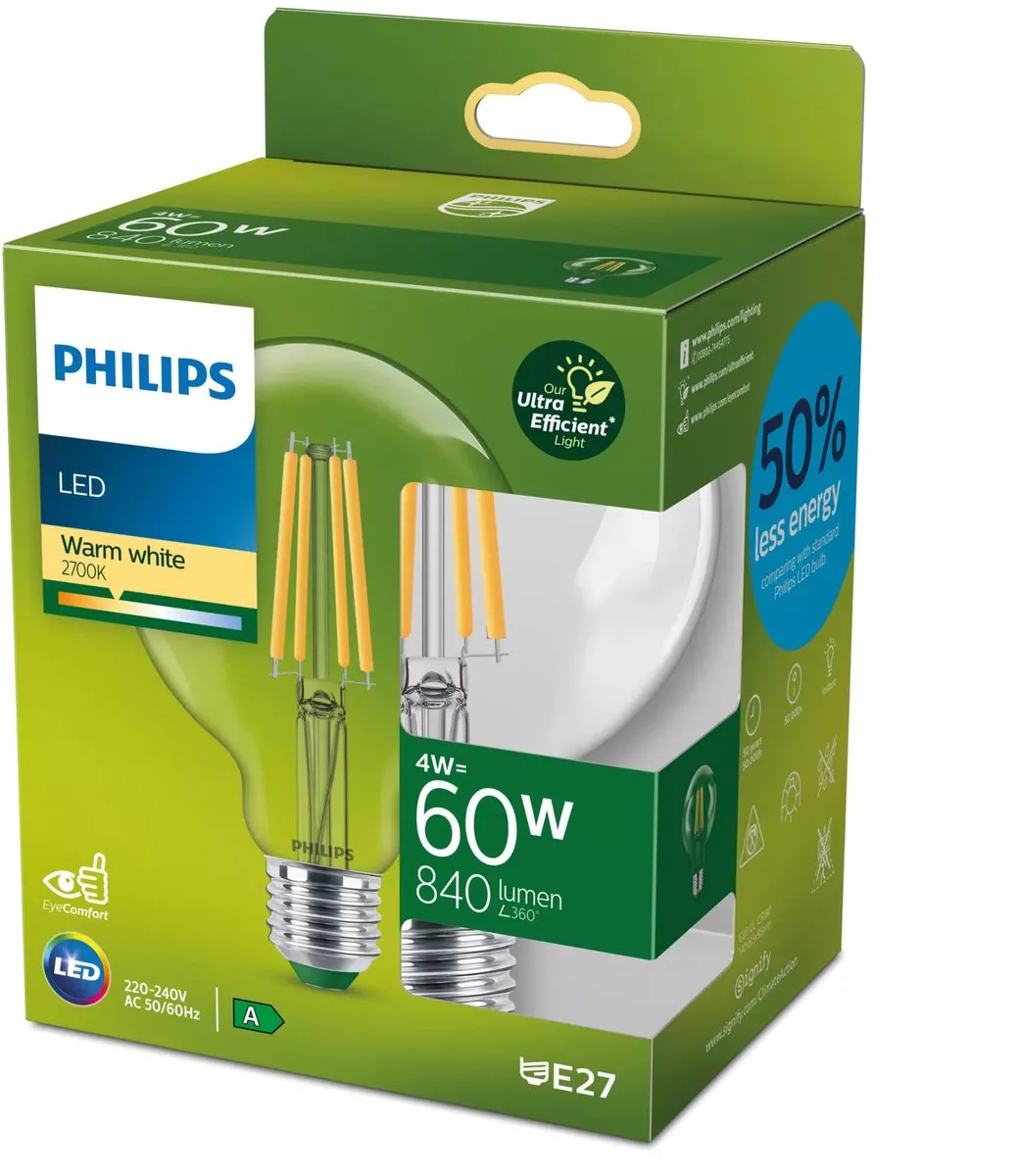 Philips Ultra Efficient LED Globe 4W E27 Warmwit - Ø95cm