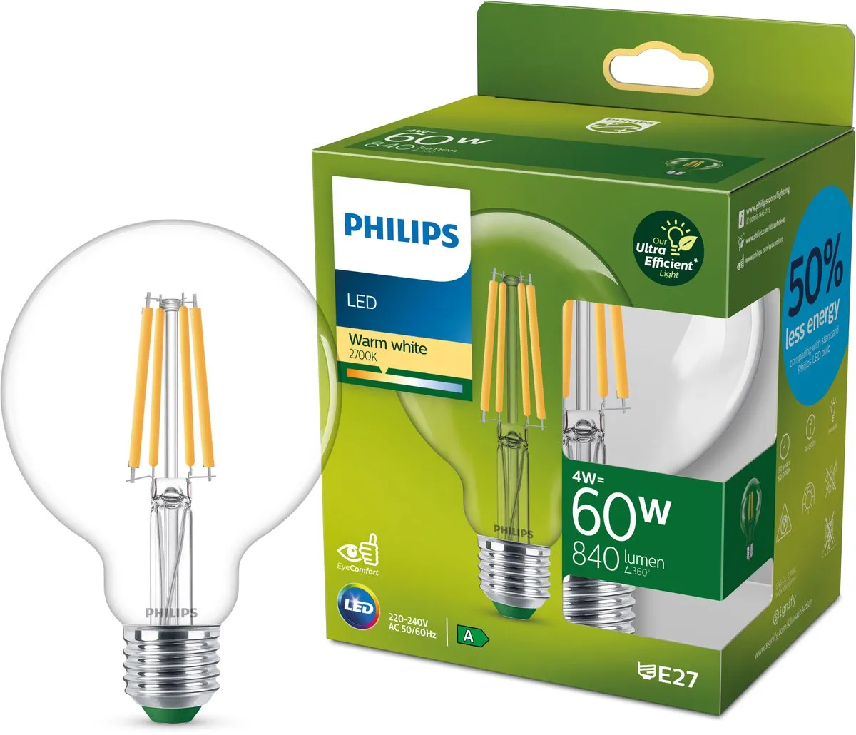 Philips Ultra Efficient LED Globe 4W E27 Warmwit - Ø95cm
