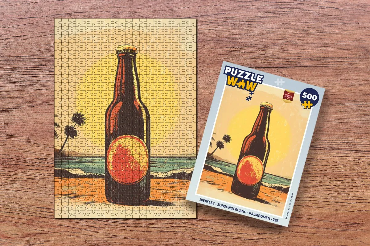 PuzzleWow Bierfles Legpuzzel 500 Stuks - Zonsondergang/Strand