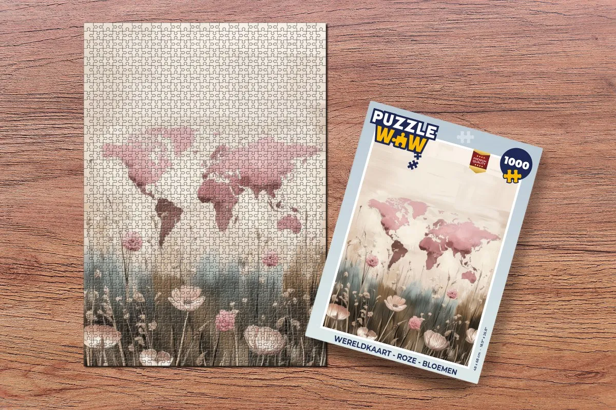 PuzzleWow Wereldkaart Bloemen Legpuzzel 1000 Stuks - Roze