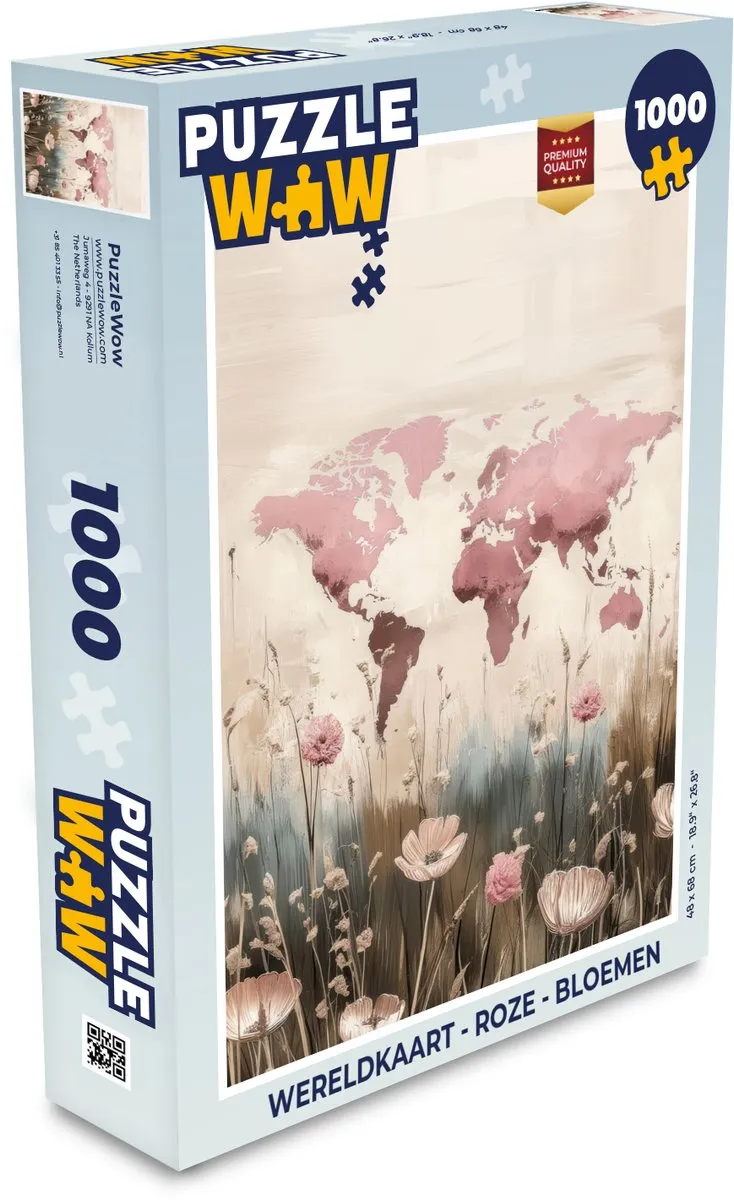 PuzzleWow Wereldkaart Bloemen Legpuzzel 1000 Stuks - Roze