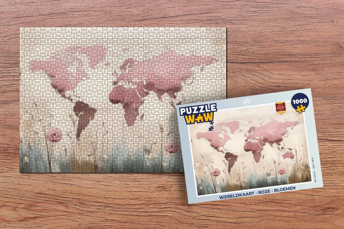PuzzleWow Wereldkaart Bloemen Legpuzzel 1000 Stuks - Roze