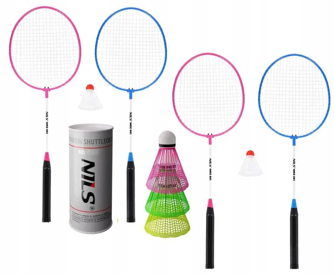 Badmintonset: 4 rackets en 5 nylon shuttles voor plezier