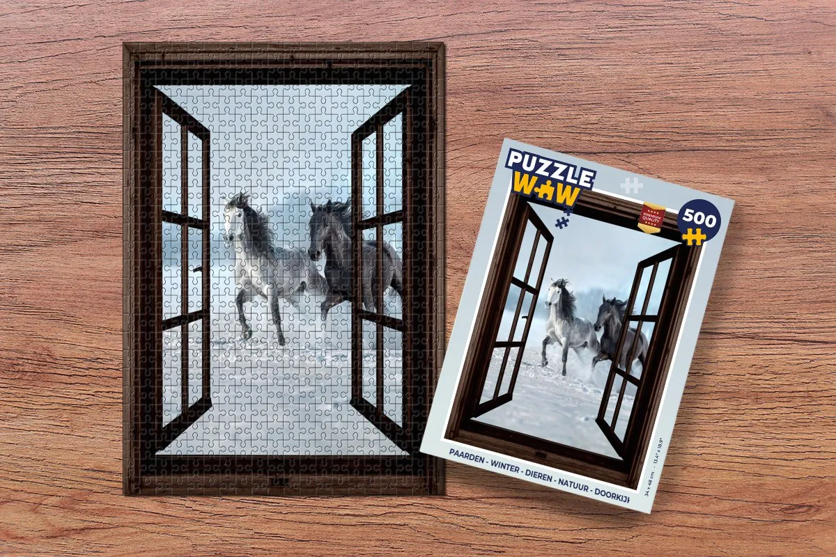 PuzzleWow Paarden Winter Legpuzzel 500 Stuks - Doorkijk