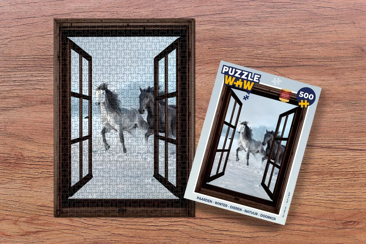 PuzzleWow Paarden Winter Legpuzzel 500 Stuks - Doorkijk