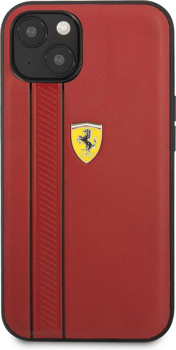 Ferrari Premium Leather Back Cover iPhone 13 - Rood - Debossed Stripes