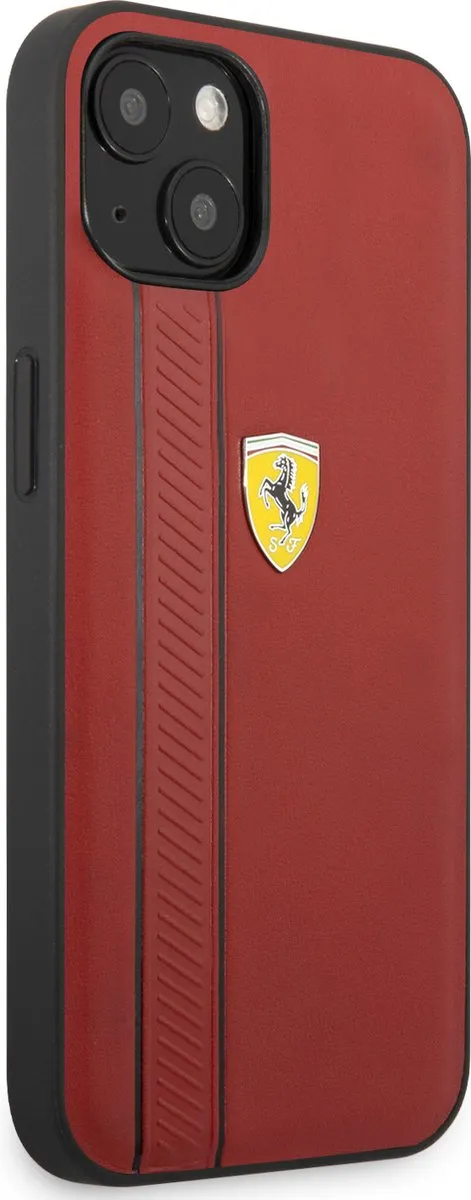 Ferrari Premium Leather Back Cover iPhone 13 - Rood - Debossed Stripes