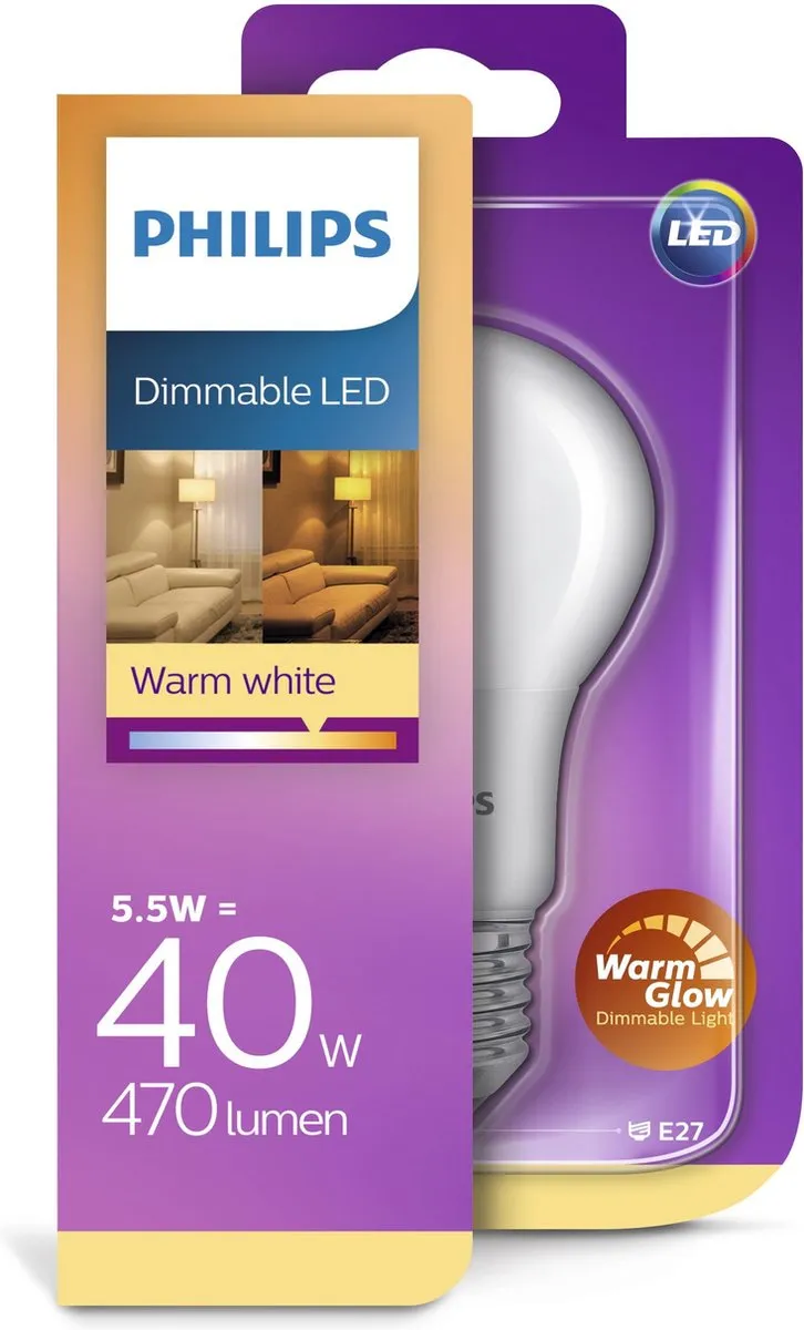 Philips LED A60 6W E27 Rookglas - 470lm Warm Wit