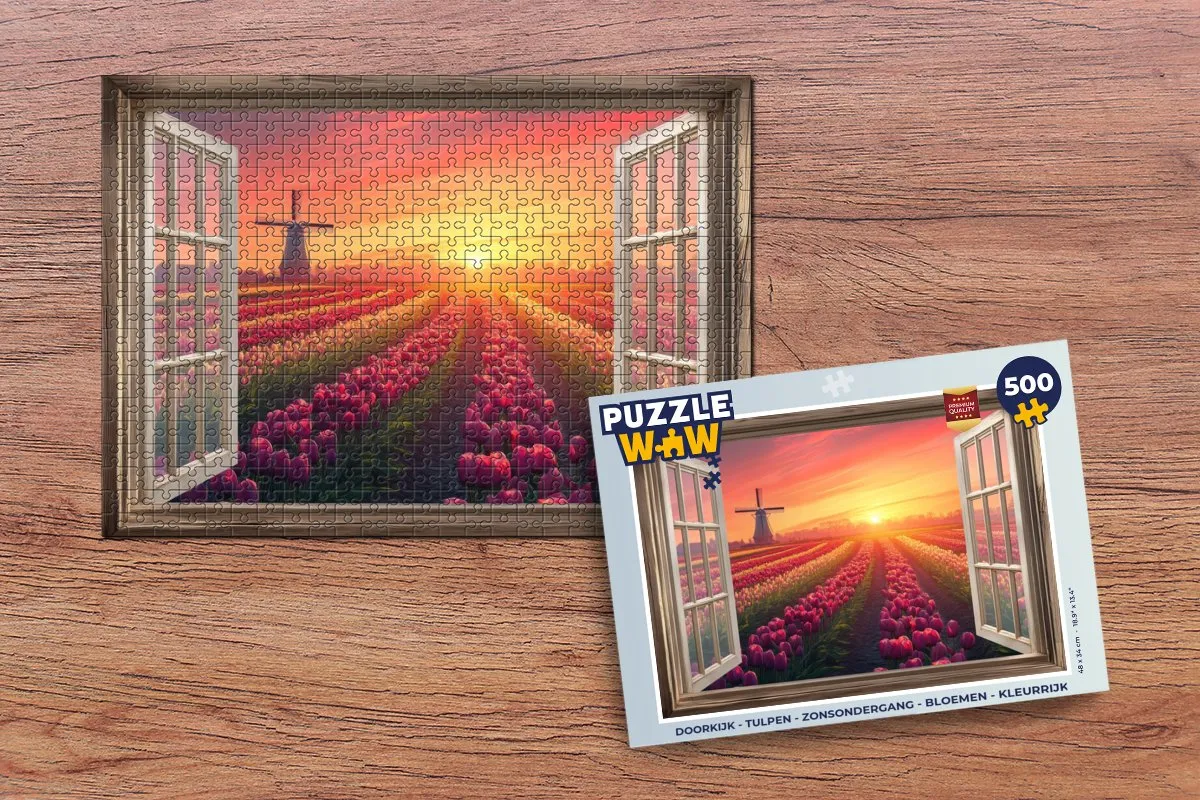 PuzzleWow Legpuzzel 500 Stuks - Tulpen Zonsondergang Roze
