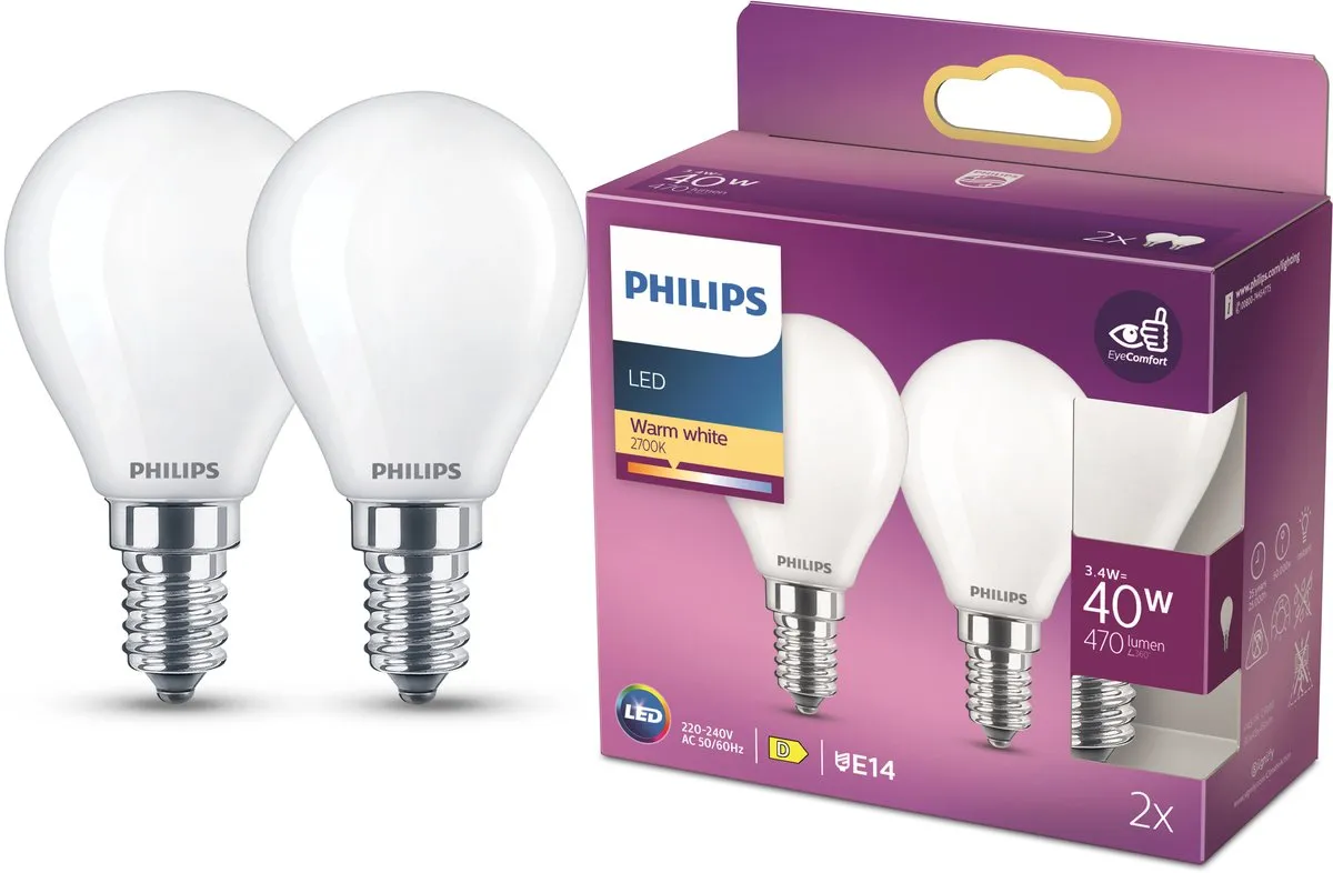 Philips LED Kogellamp E14 Warmwit 4.3W Mat - 2 Stuks