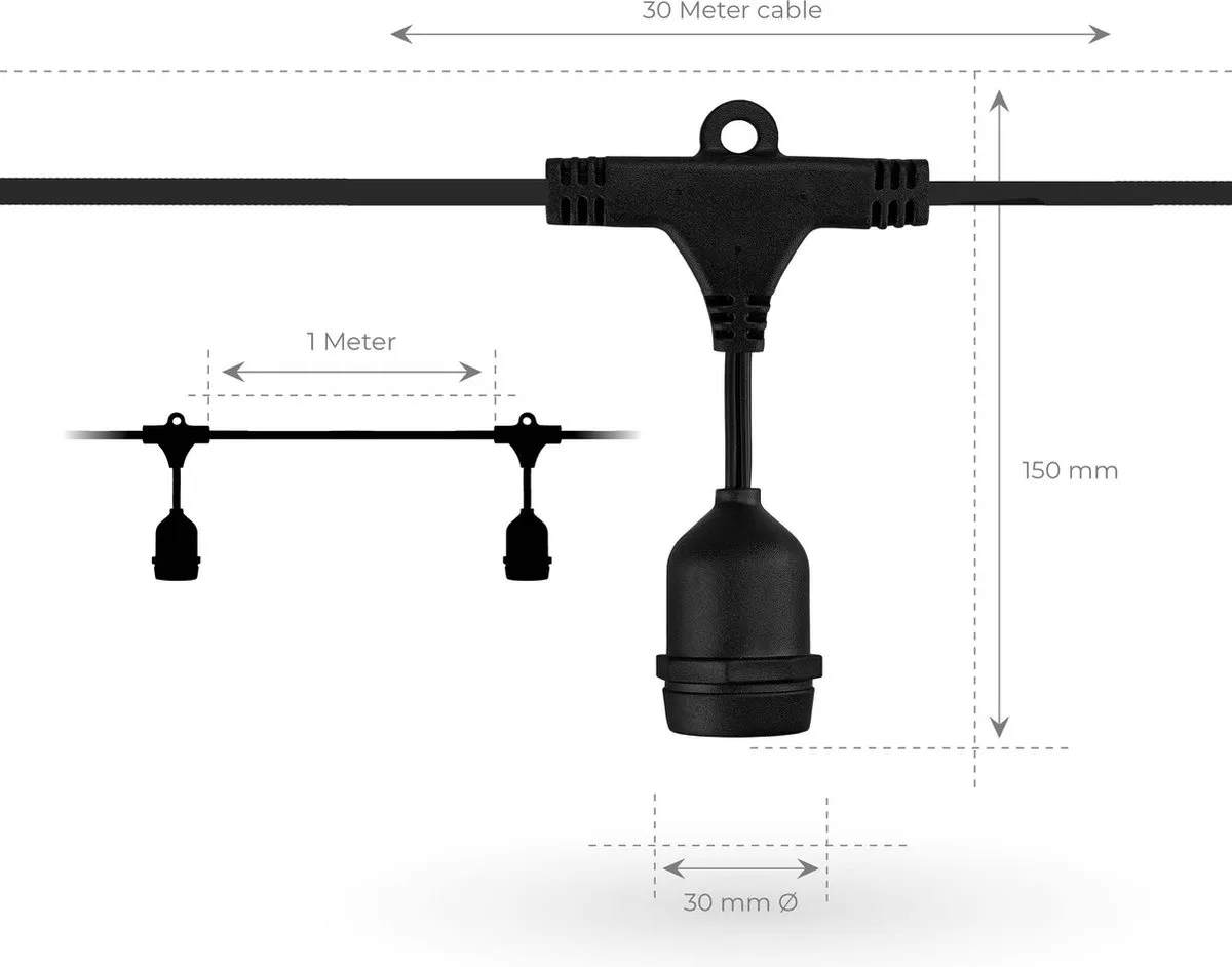 LEDVION Prikkabel 30M - 30x E27 LED Goud 30W 2100K IP65