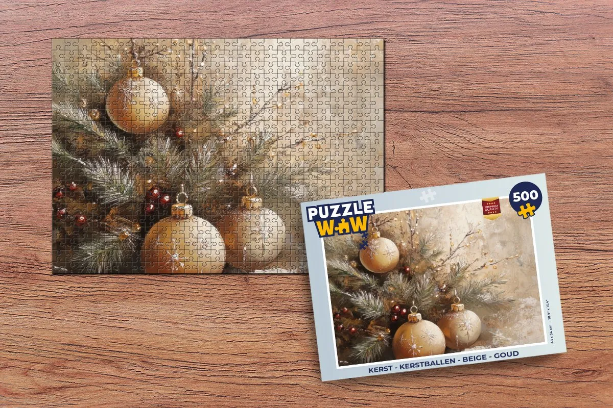 PuzzleWow Kerstballen Legpuzzel 500 Stuks - Beige/Goud