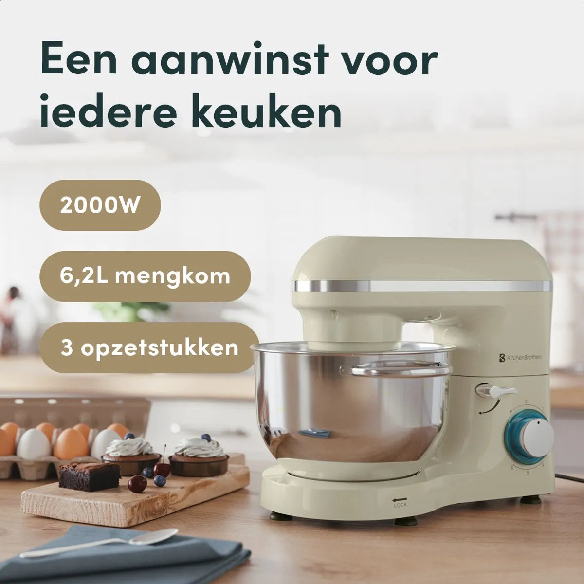 KitchenBrothers 2000W Keukenmachine - 6,2L - Champagne