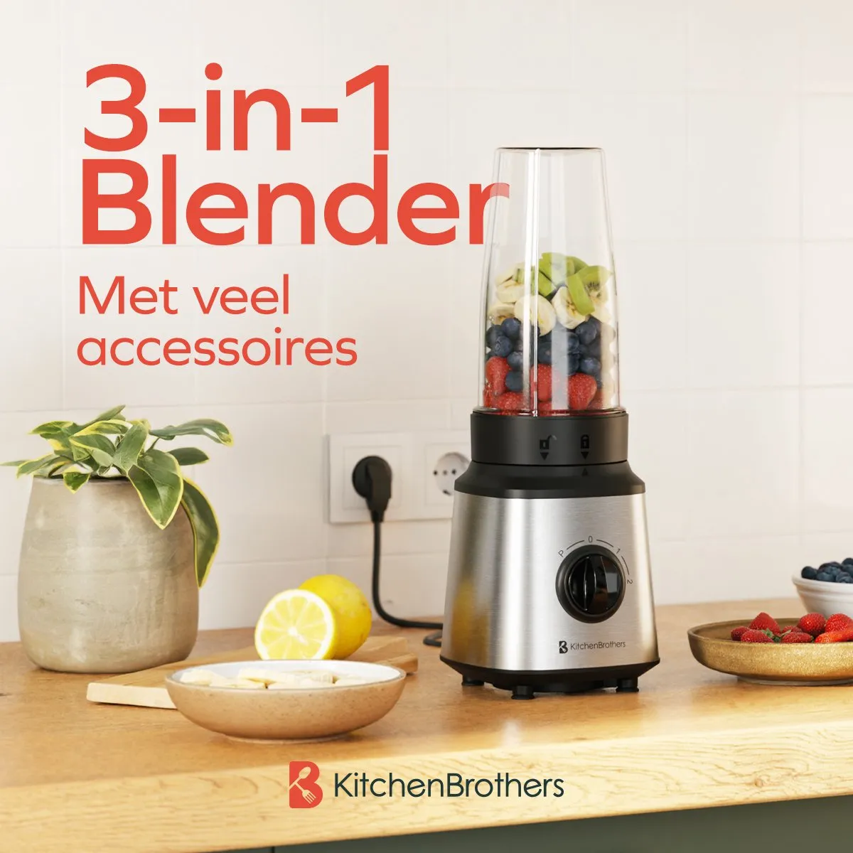 KitchenBrothers Blender Complete Set 300W - 2x 750ml RVS