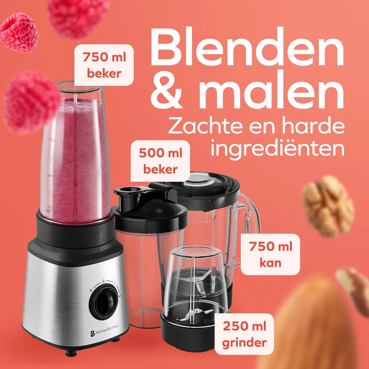 KitchenBrothers Blender Complete Set 300W - 2x 750ml RVS