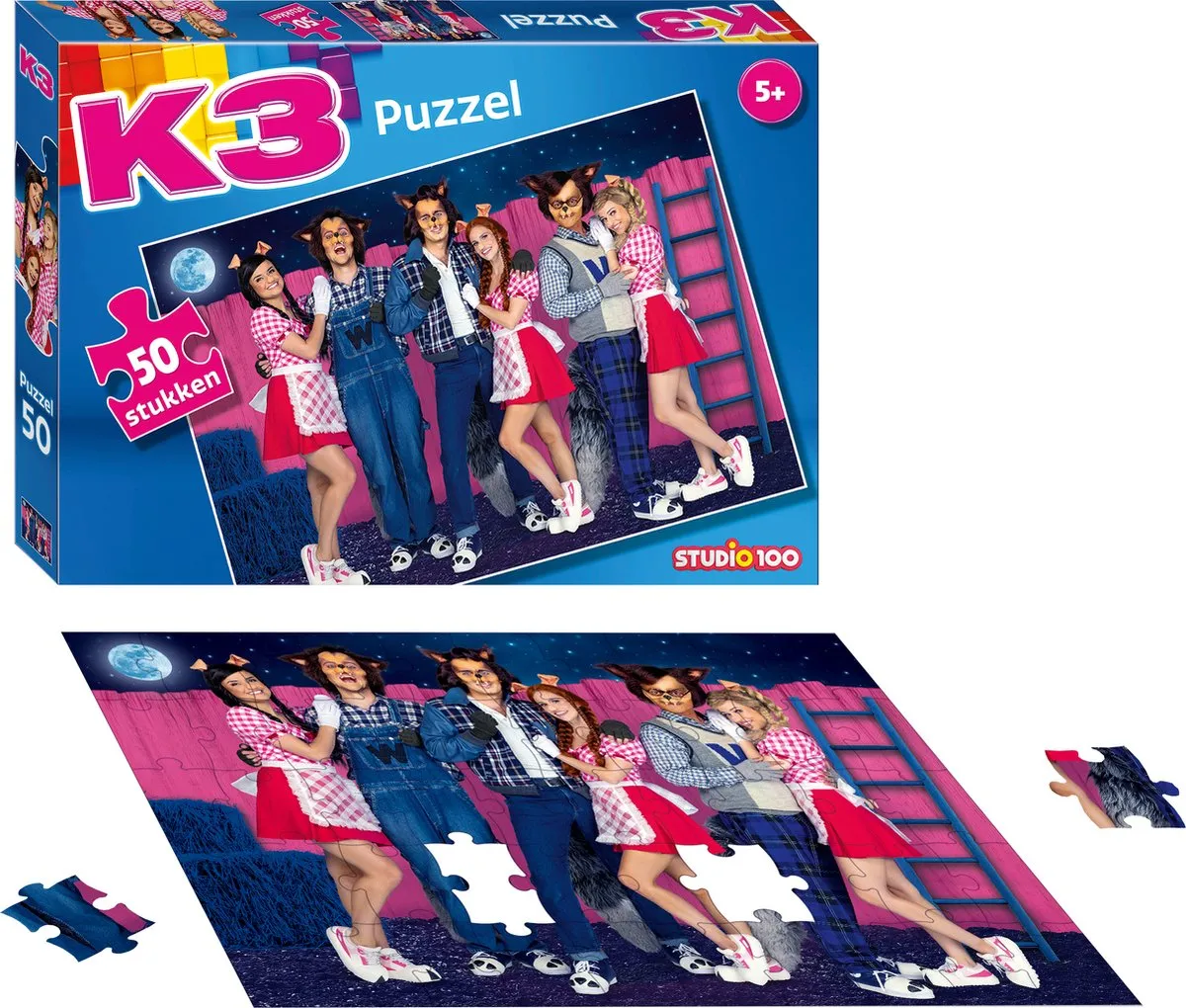 K3 Puzzel De 3 Biggetjes en de Wolven 50 Stukjes - Multicolor