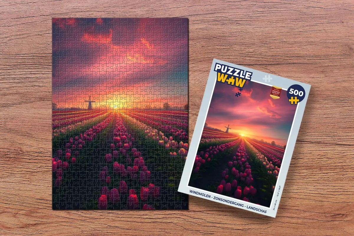 PuzzleWow Windmolen Zonsondergang Legpuzzel 500 Stuks - Bloemen/Tulpen Roze