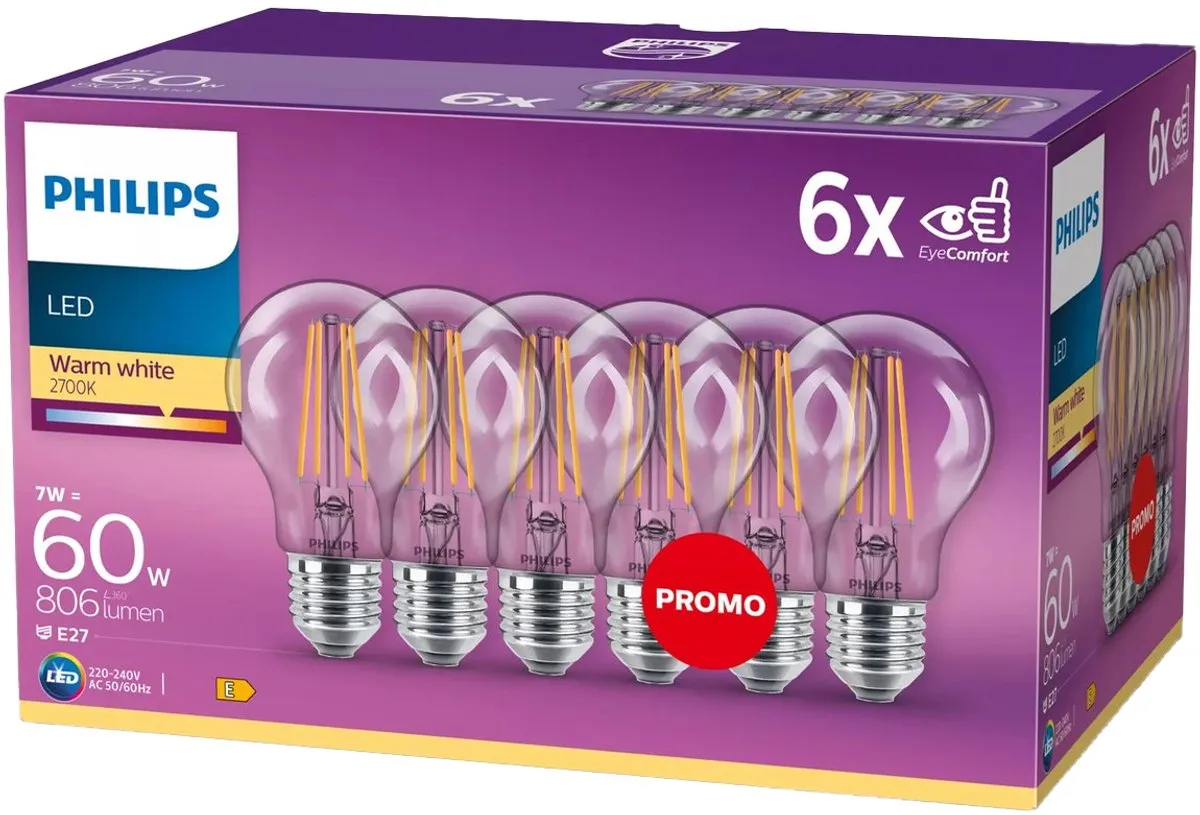 Philips LED Transparante Lamp 7W E27 Warmwit
