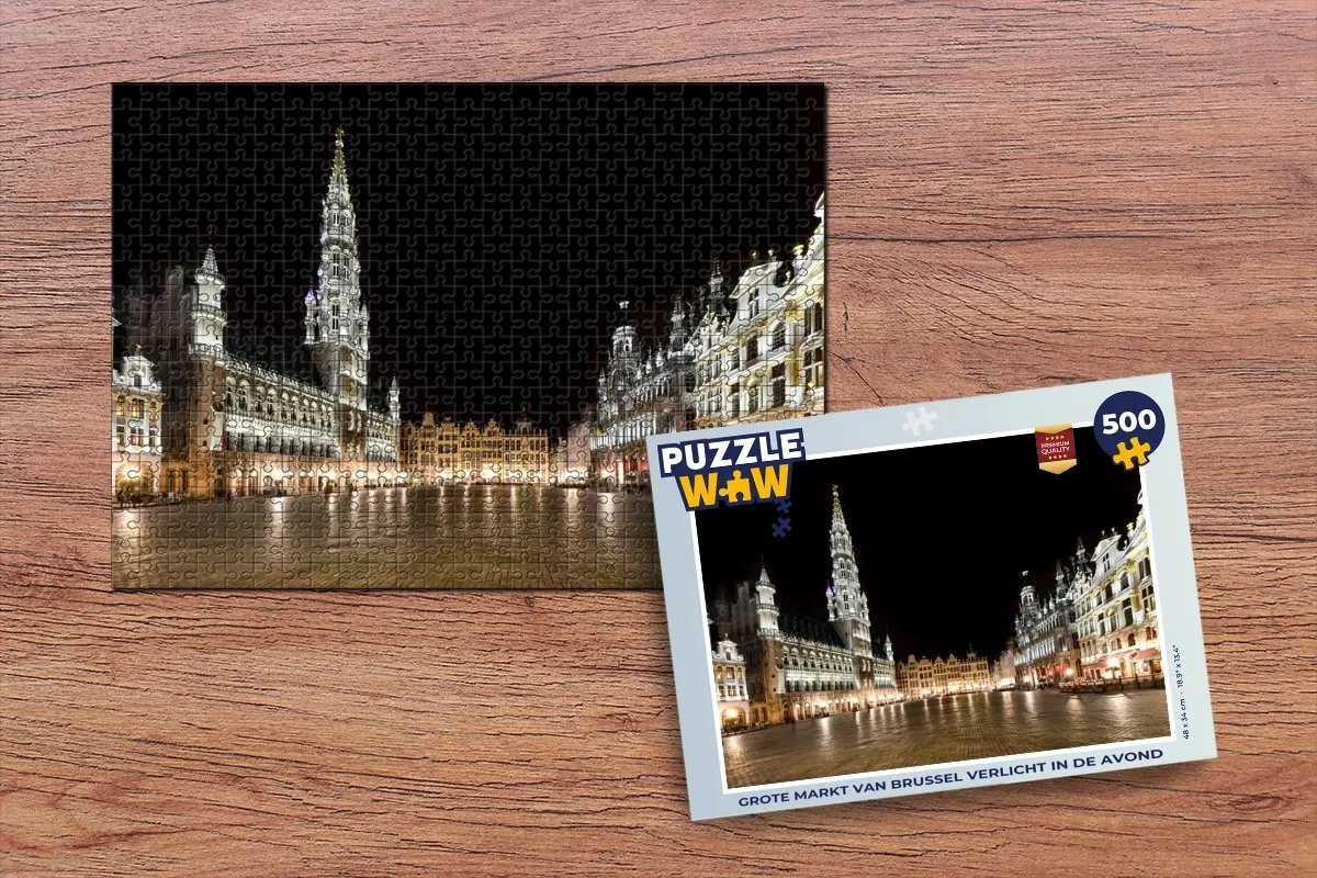 PuzzleWow Grote Markt Brussel Avondverlichting Legpuzzel 500 Stuks - Multicolor
