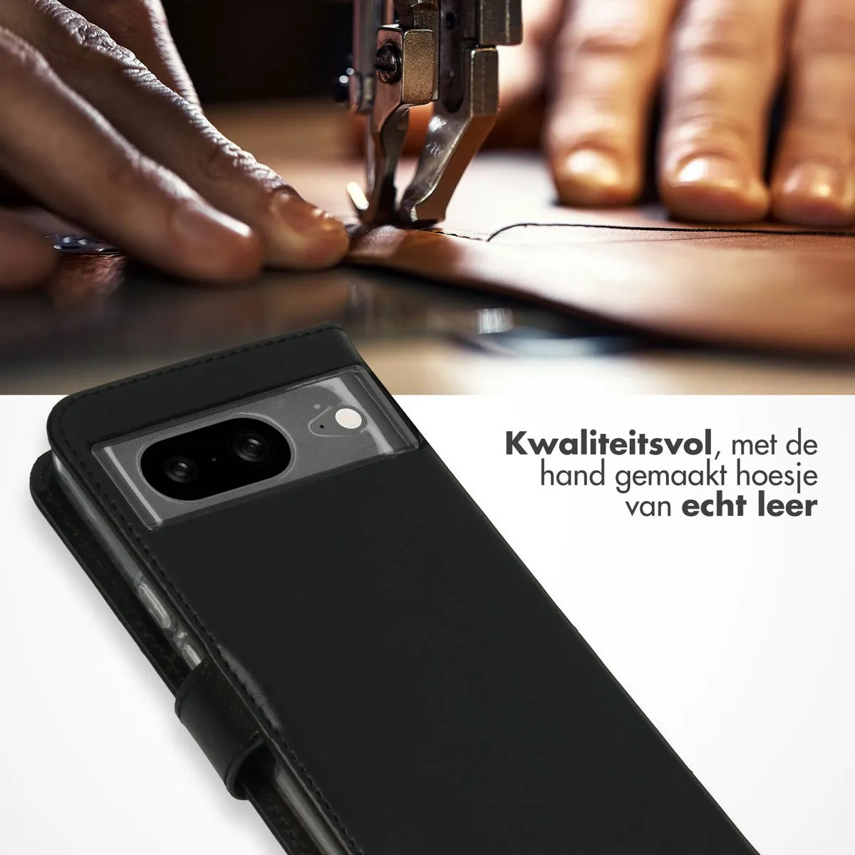 Selencia Hoesje Google Pixel 8 - Echt Lederen Bookcase Zwart