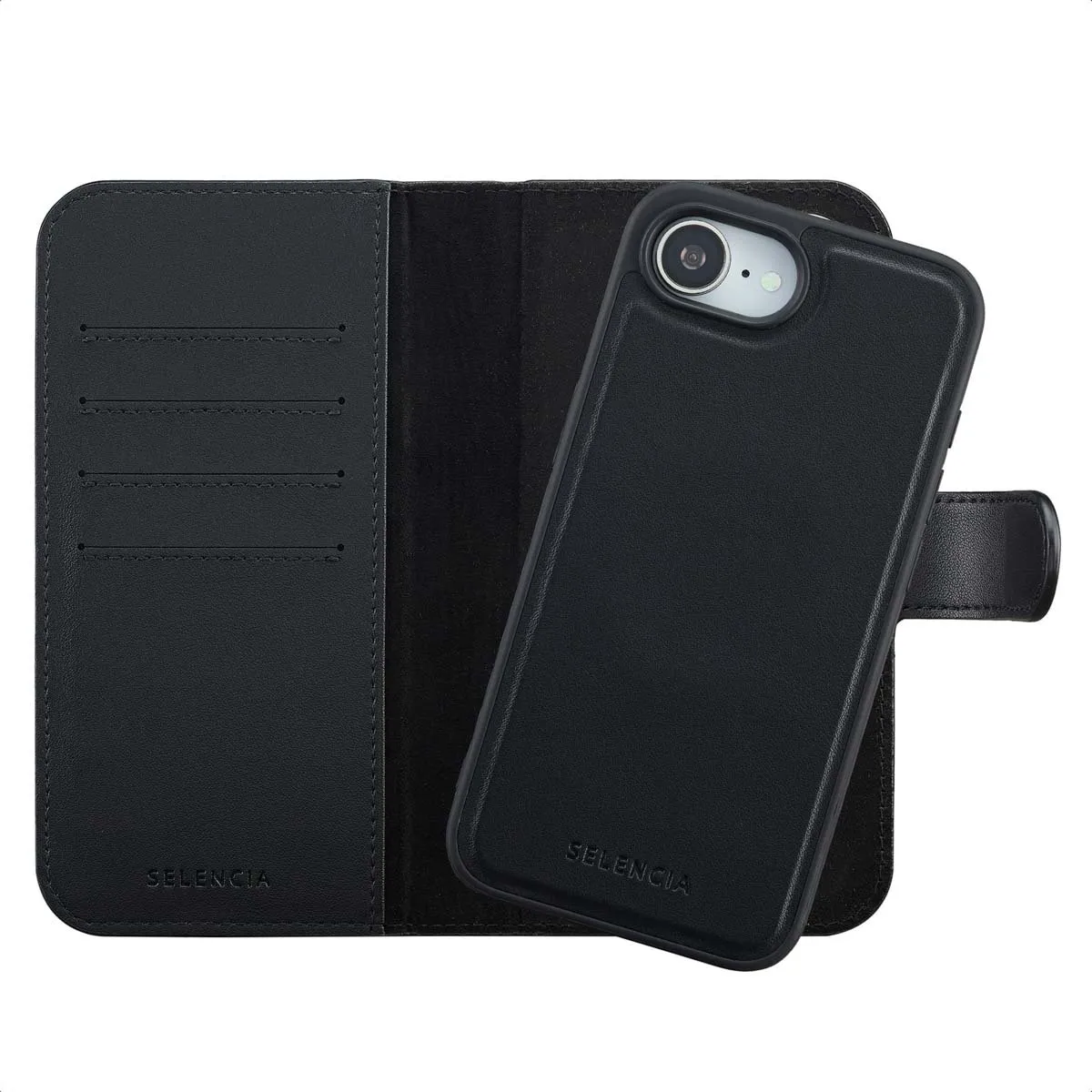 Selencia Hoesje iPhone 16e - MagSafe Bookcase 6 Pasjes - Zwart