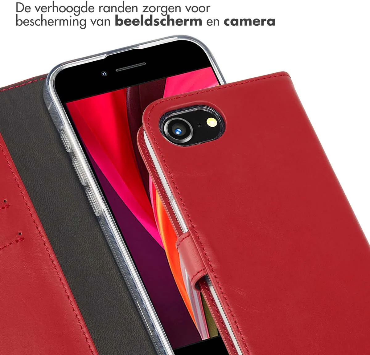 Selencia Hoesje iPhone 16e Bookcase - Rood Leder - 3 Pasjes