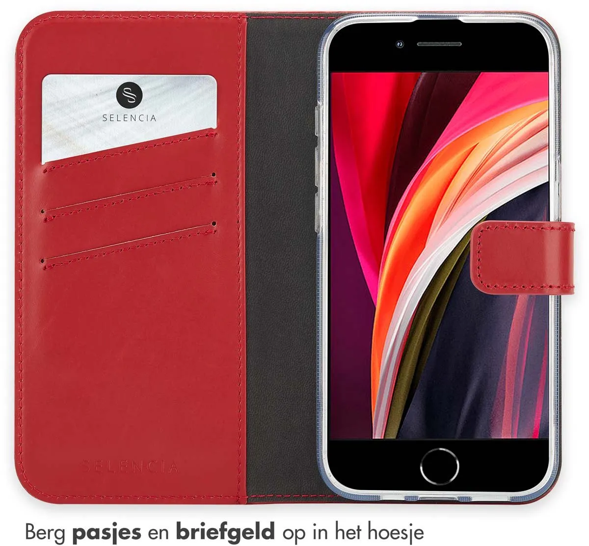 Selencia Hoesje iPhone 16e Bookcase - Rood Leder - 3 Pasjes