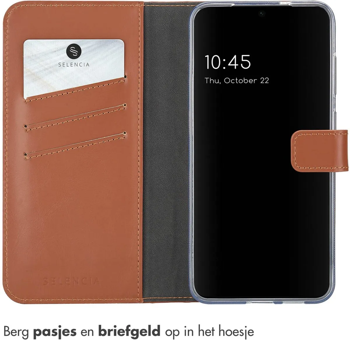 Selencia Hoesje Samsung Galaxy S25 Plus - Echt Lederen Bookcase Lichtbruin