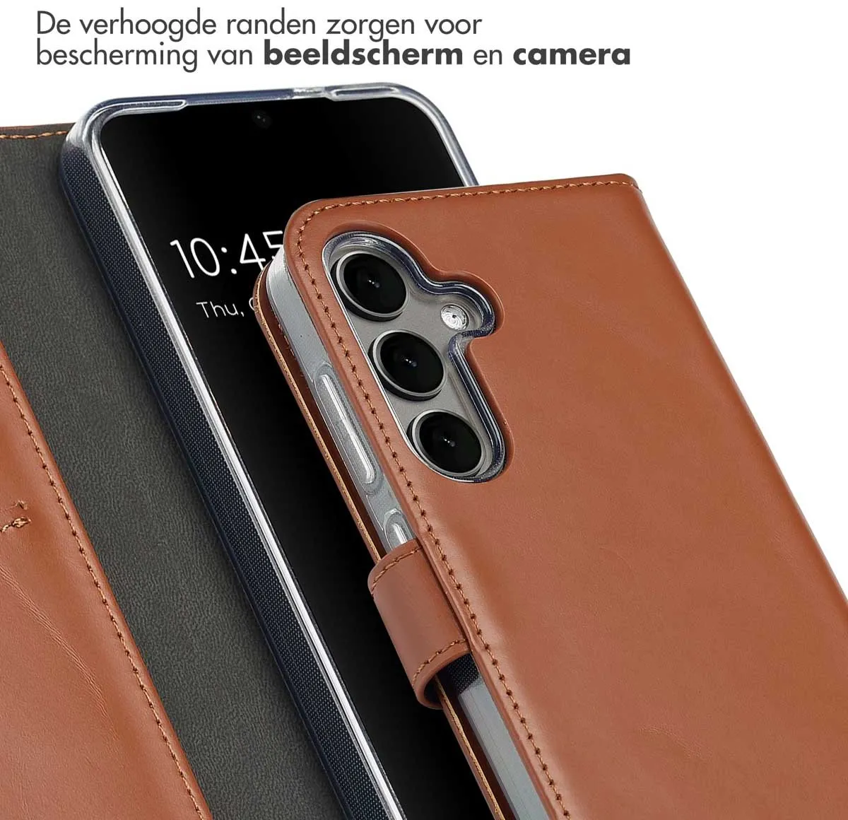 Selencia Hoesje Samsung Galaxy S25 Plus - Echt Lederen Bookcase Lichtbruin