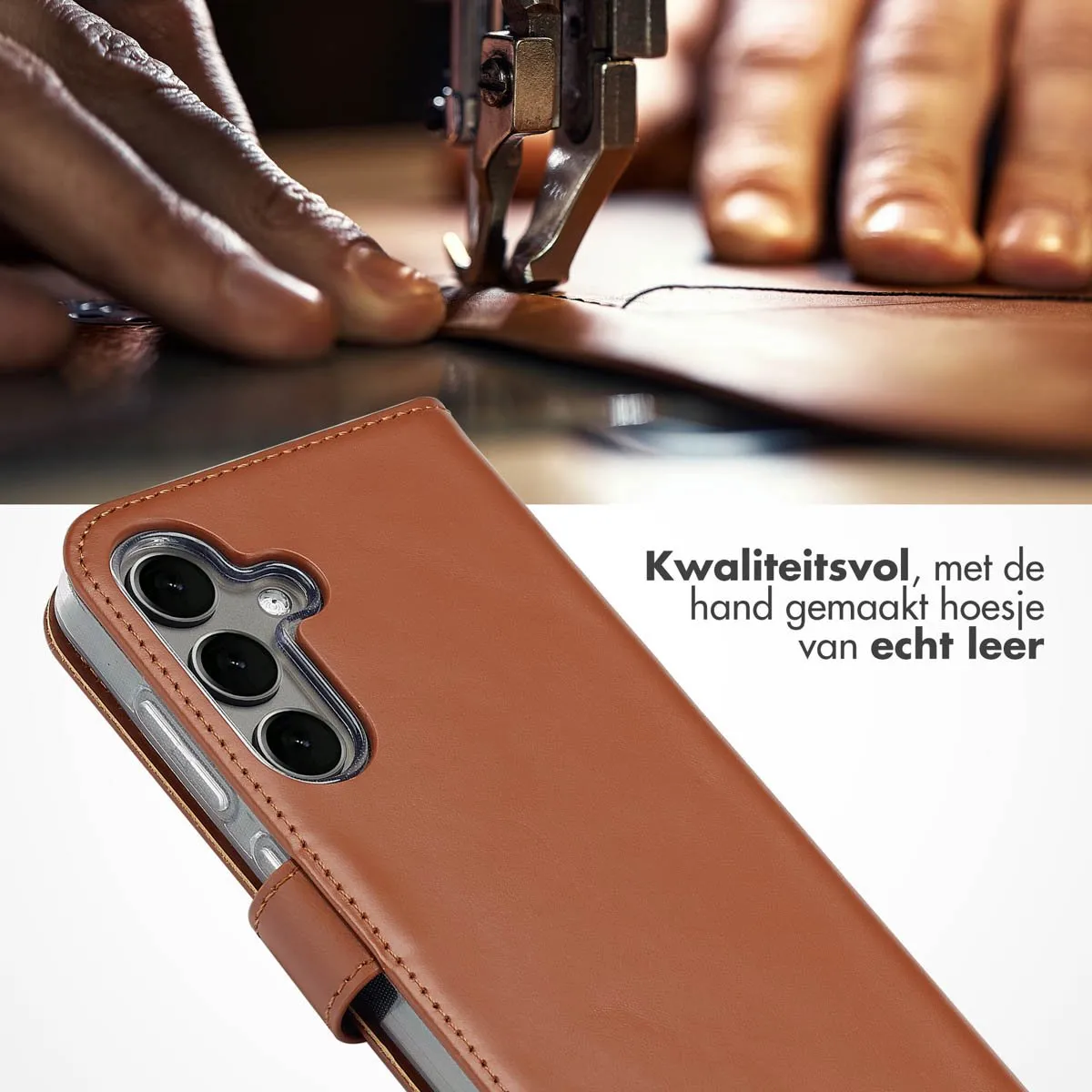 Selencia Hoesje Samsung Galaxy S25 Plus - Echt Lederen Bookcase Lichtbruin