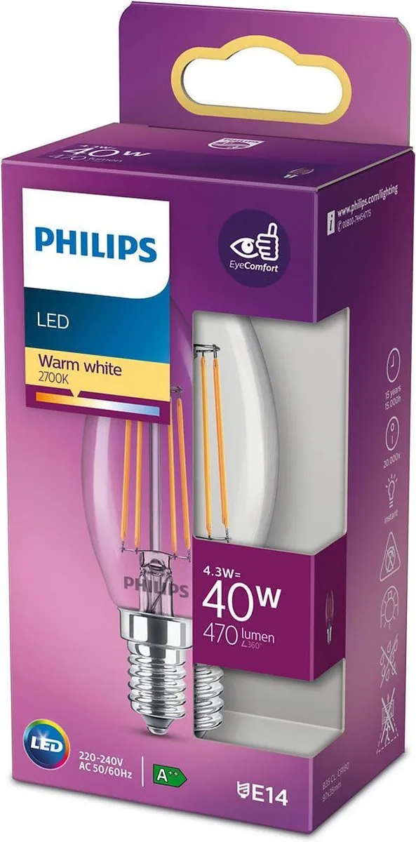 Philips LED Kaarslamp 4.3W 470lm E14 - 4 Stuks