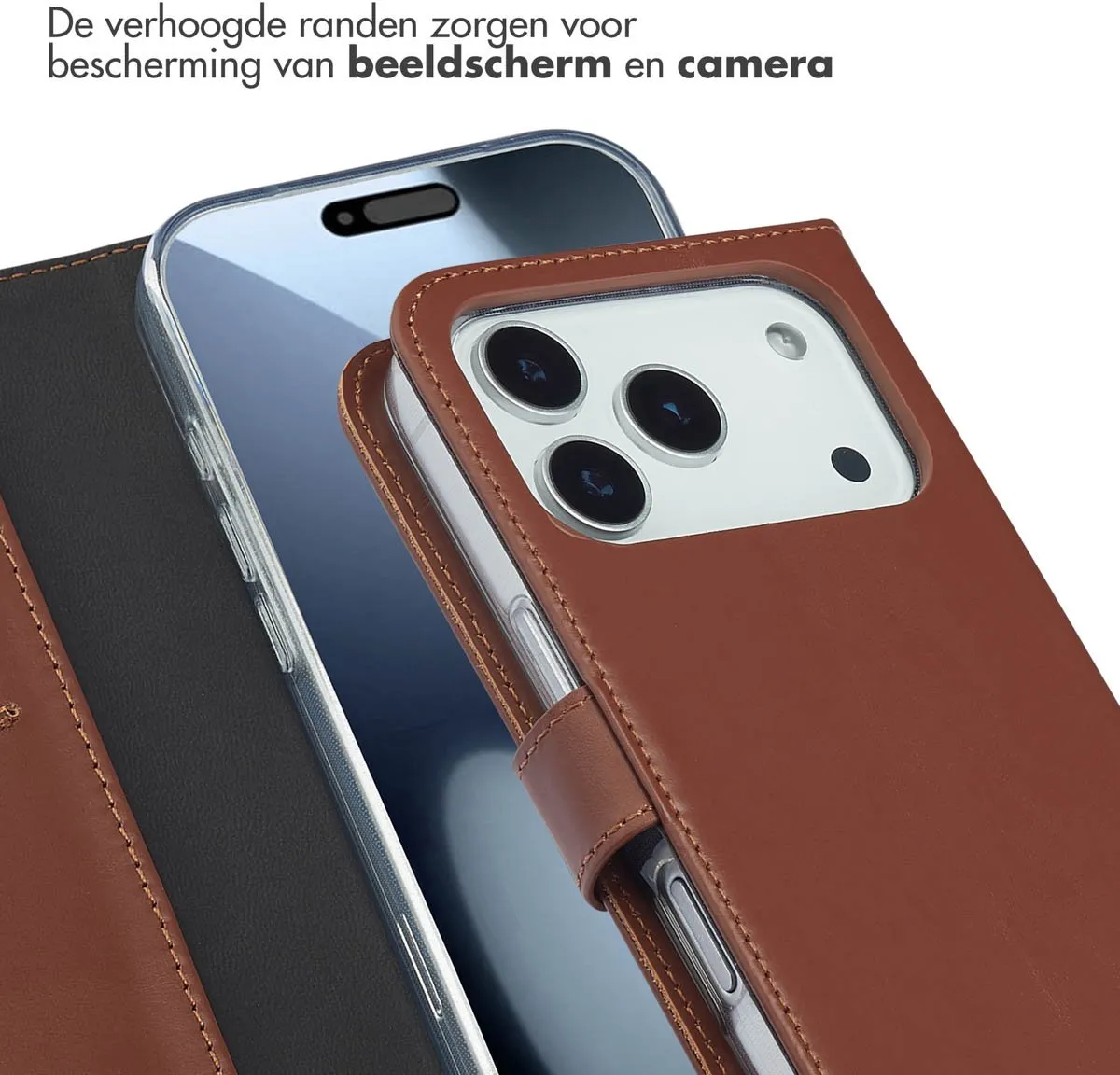Selencia Hoesje iPhone 17 Pro - Echt Lederen Bookcase Lichtbruin