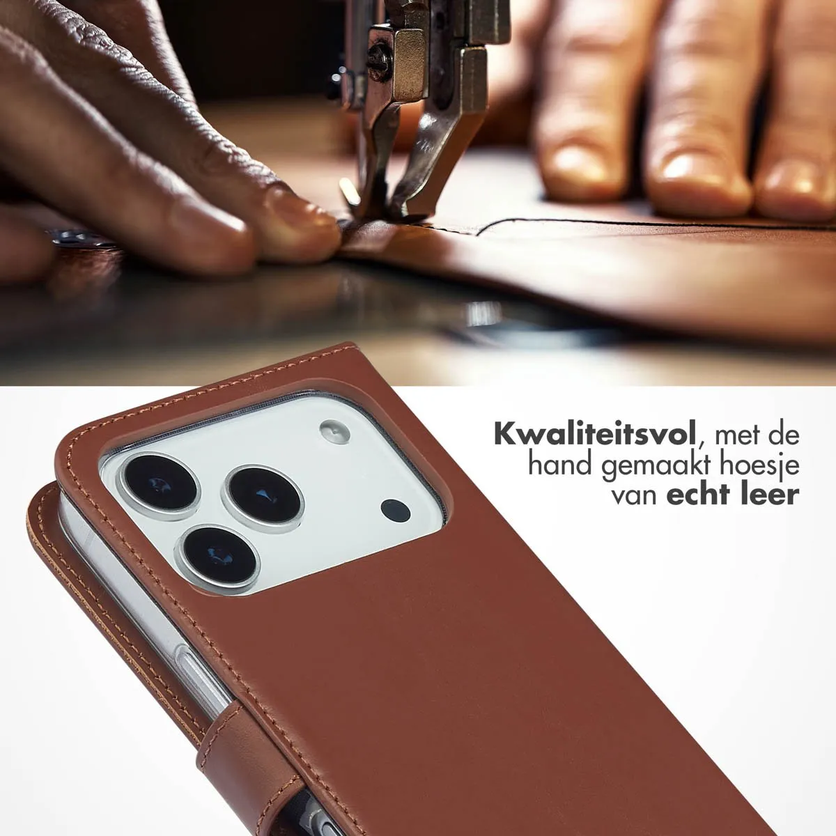 Selencia Hoesje iPhone 17 Pro - Echt Lederen Bookcase Lichtbruin