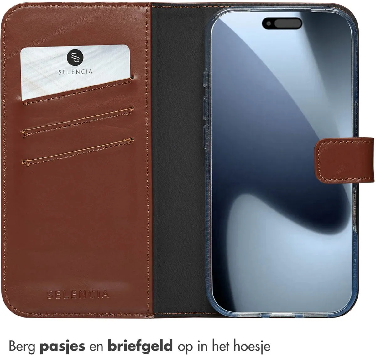 Selencia Hoesje iPhone 17 Pro - Echt Lederen Bookcase Lichtbruin